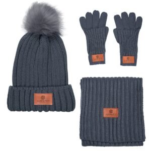 Three-Piece Rib Knit Fur Pom Winter Set